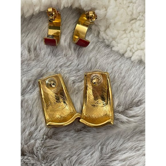 Vintage Avon Gold Tone Red Enamel Semi-Hoop Earrings - 2 Pairs - Picture 8 of 12